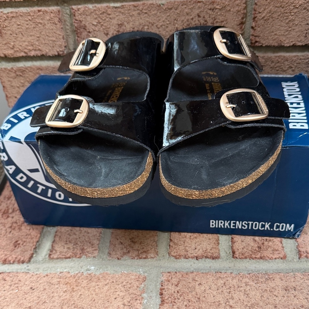 Birkenstock Black Patent Big Two-Buckle Slide Sandals Size 39 (8.5-9) NWBox - Picture 4 of 7